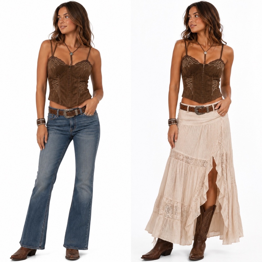 Blueb. Collection Corset Top Large Brown‎ Faux Suede Western Embroidered